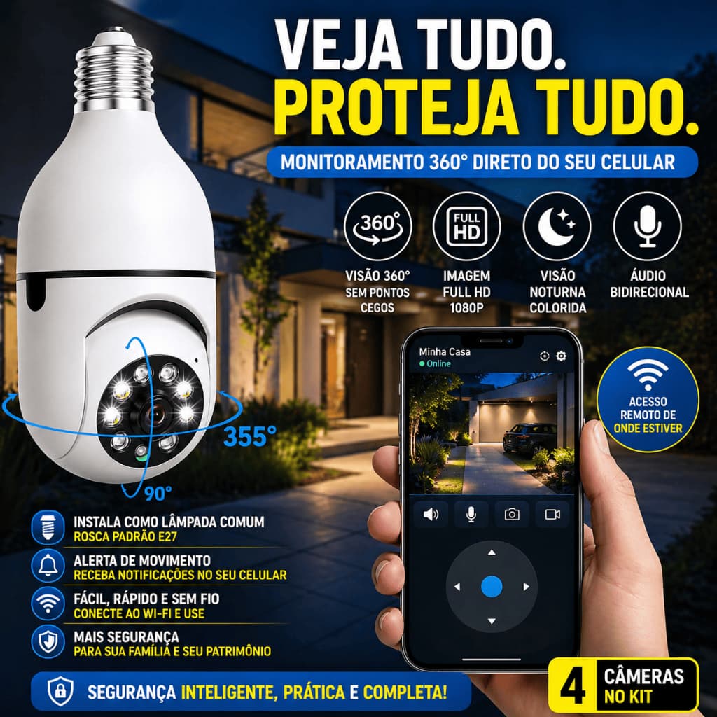 Kit 4 Câmeras Lâmpada WiFi 360° Full HD Visão Noturna IP Segurança