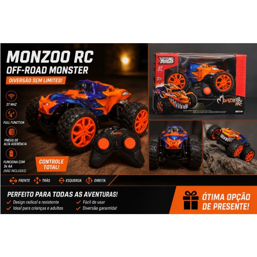 Carrinho Controle Remoto Monzoo RC Azul 49MHz Off Road Grande + Controle Infantil