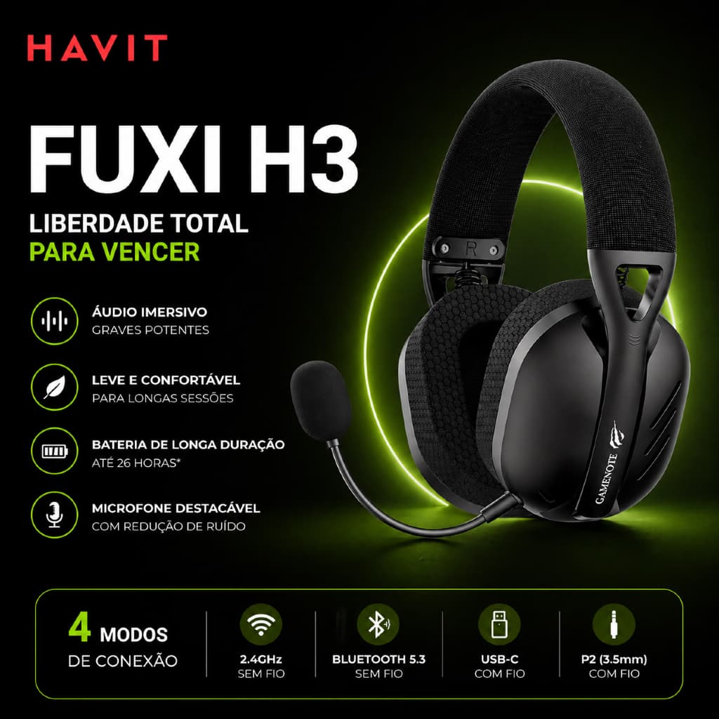 Headset Gamer Havit  Fuxi H3 Bluetooth Wireless 2.4Hz P2 P3 USB Preto