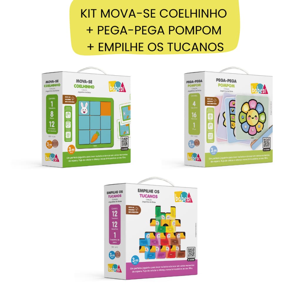 Kit 3 Jogos Educativos de Madeira Joguinho de Bolsa Brinquedo Pedagógico +3 Anos