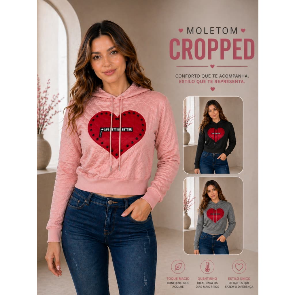 Blusa Cropped Feminina Moletom Premium com Capuz Estilosa Academia Treino