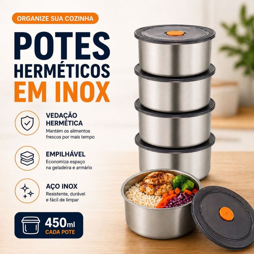 Kit 4 Potes Herméticos Inox com Tampa | Conjunto Potes Aço Inoxidável Redondo.