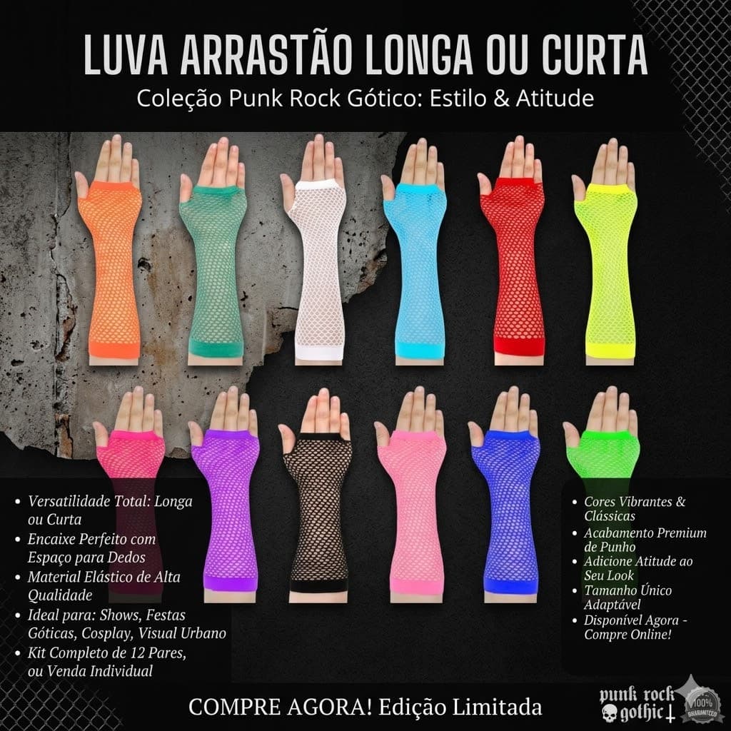 Luva Arrastão Longa ou Curta Punk Rock Gótico, Colorida