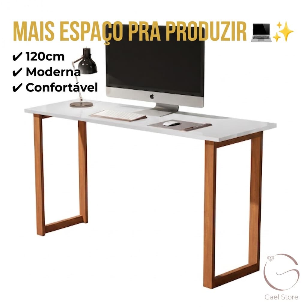 Escrivaninha 120cm Mesa de Estudo Home Office MDF com Pés em Madeira – Espaçosa e Moderna