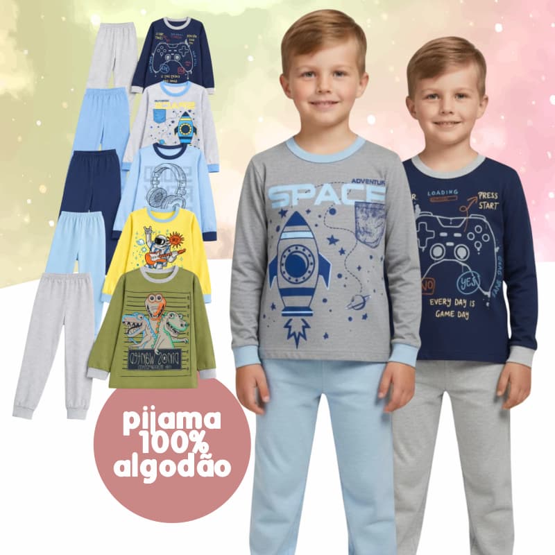 Kit Pijama Infantil Juvenil Inverno Menino Algodão Manga Longa Conjunto Roupa Dormir 1 ao 14