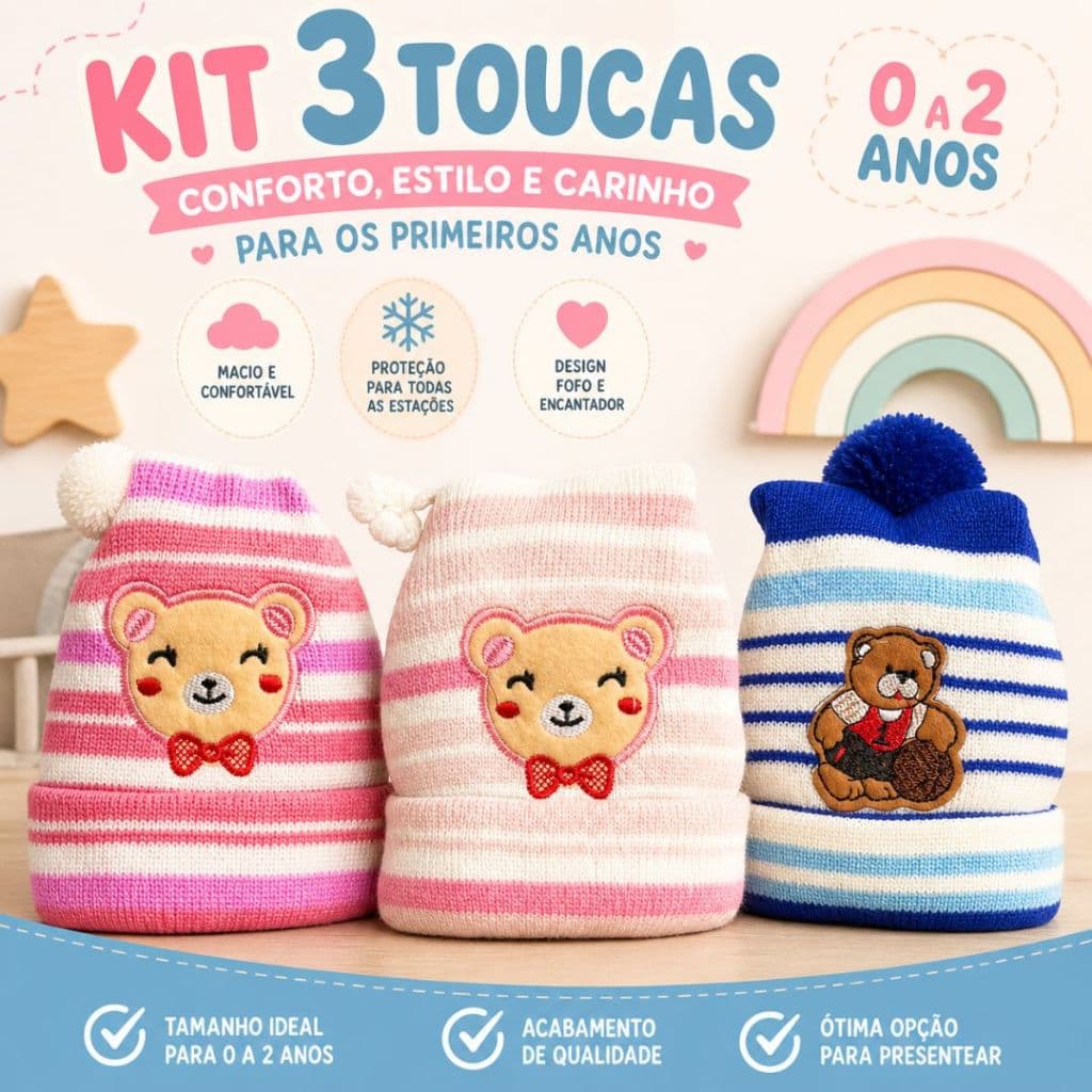 3 Toucas Bebê 0 a 2 Anos Confortável Barato Menino Menina