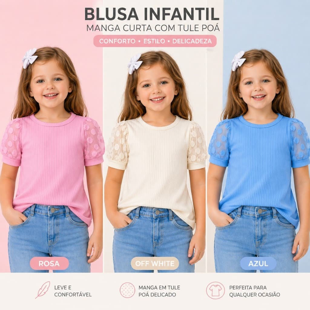 Kit 3 Blusinhas Infantil Feminina Menina Manga Princesa Tam 2 ao 12