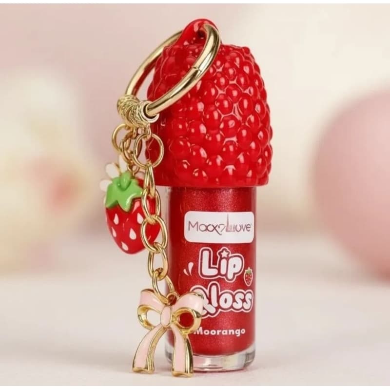 Lip Gloss Labial Morango com Chaveiro Pingente Hidratante Brilho, nas Cores Rosa Vermelho