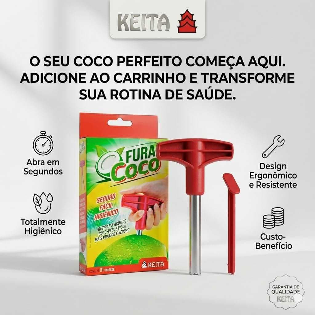Fura Coco Profissional Keita Aço Inox Abre Fácil Higiênico + Haste Limpeza Furador De Coco Verde Original