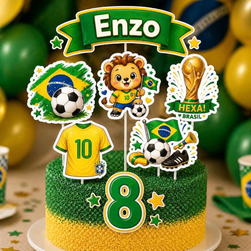 Topo de Bolo Futebol Brasil - Topper de bolo Brasil - Aniversário personalizado com Nome e Idade
