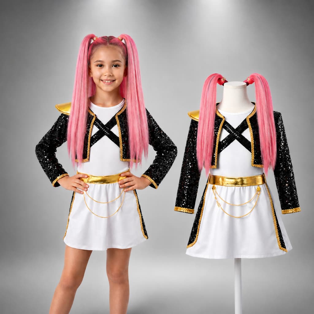 Fantasia Kpop Mira Rosa Infantil Com Arco com Cabelo Cosplay Mira Festa Menina Guerreira KPop