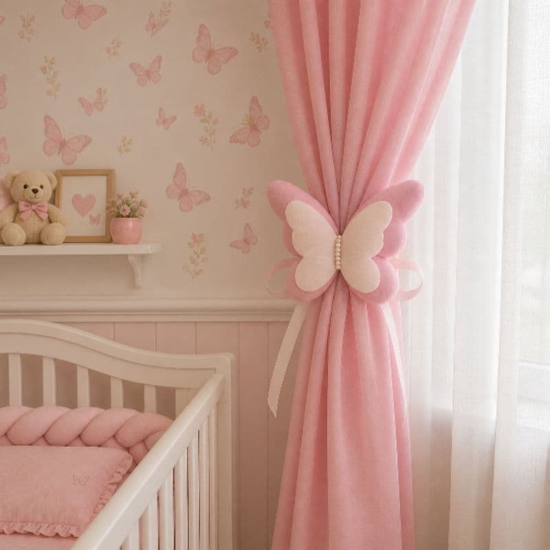 PAR Prendedores Cortina Borboleta Rosa com Pérolas Decoração Bebê Menina