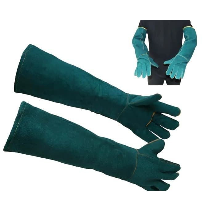 Par Luvas Antimordida Manga Longa Petshop Couro + PU Proteção Cotovelo Cachorro Gato Aves Verde