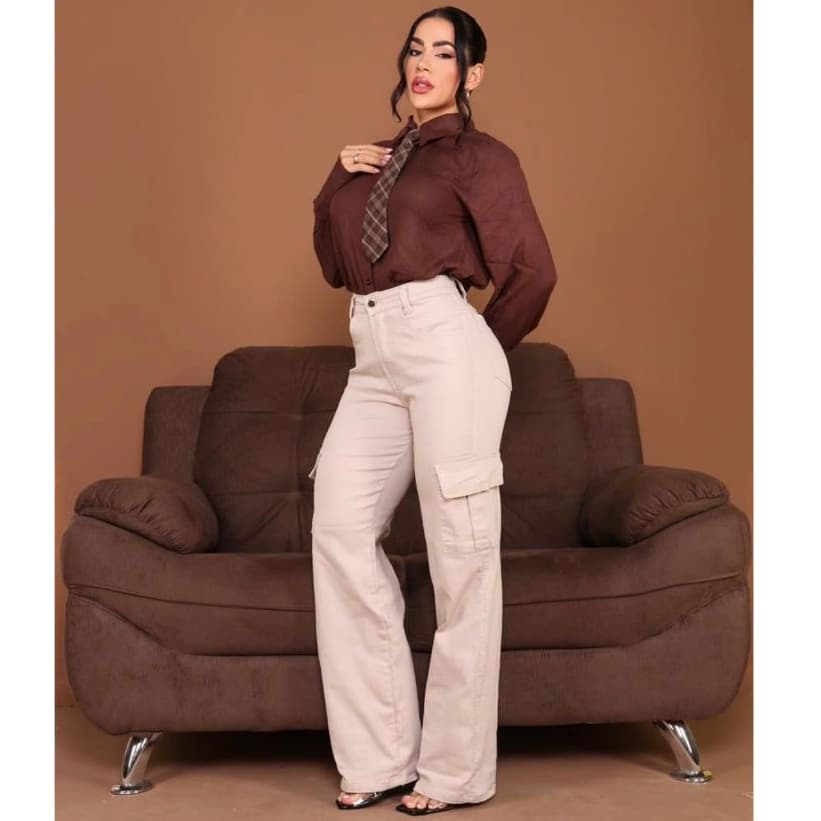 Calça Feminina Wide Leg com Lycra Acetinada Cargo Premium Cintura Alta