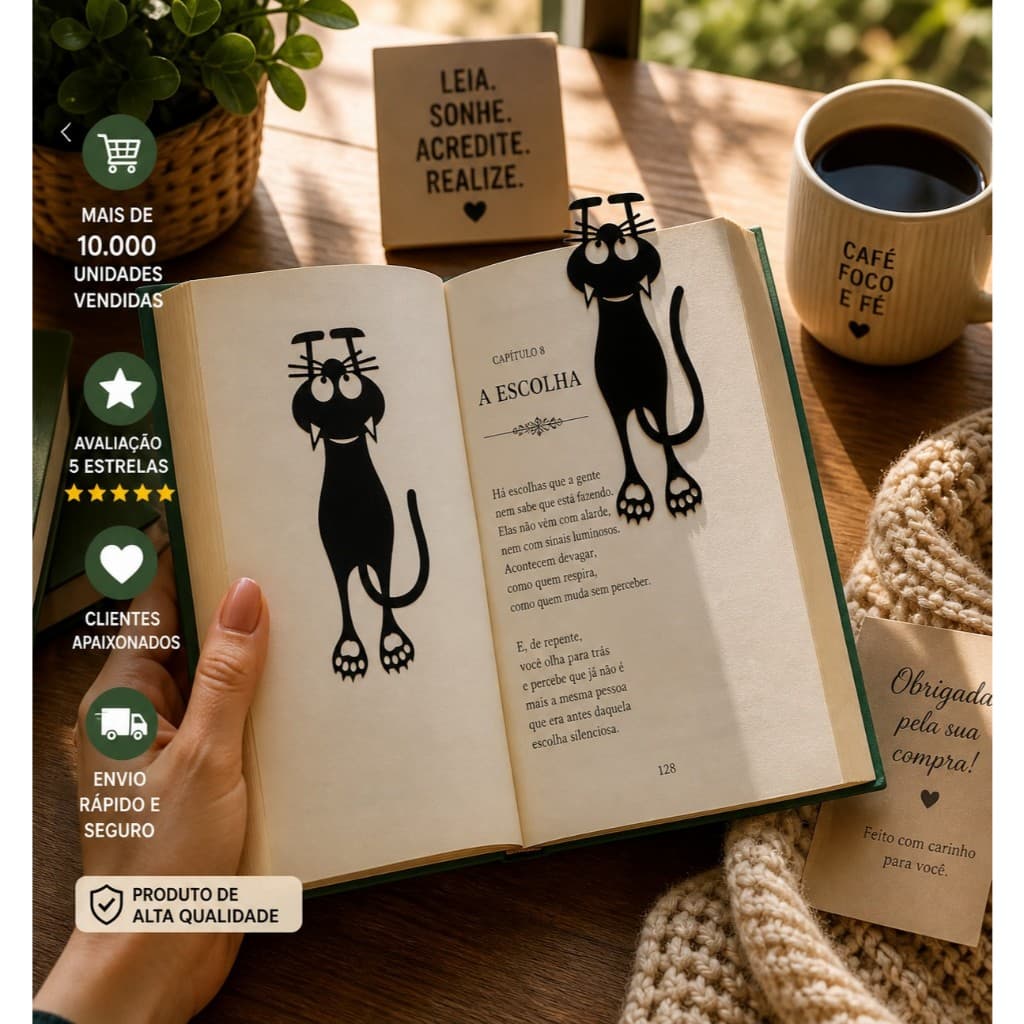 Marcador de Página Gatinho Fofo 3D em PLA | Bookmark Criativo para Livros | Gatinho Minimalista | presente
