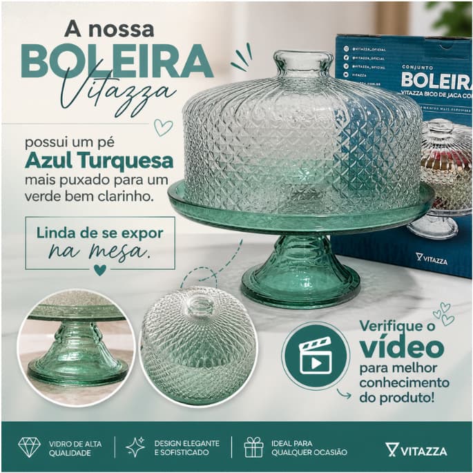 Boleira Bico De Jaca 28cm Com Pé Azul Turquesa Vitazza – Porta Bolo Decorativa Texturizada Elegante
