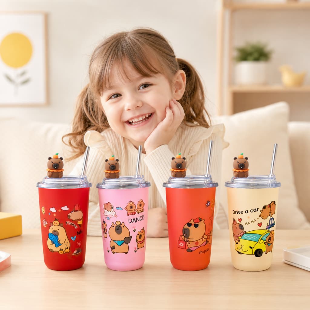 Copo Térmico 450ml Inox com Tampa e Canudo Copo Infantil Cute Isolado Bebida Fria/Quente