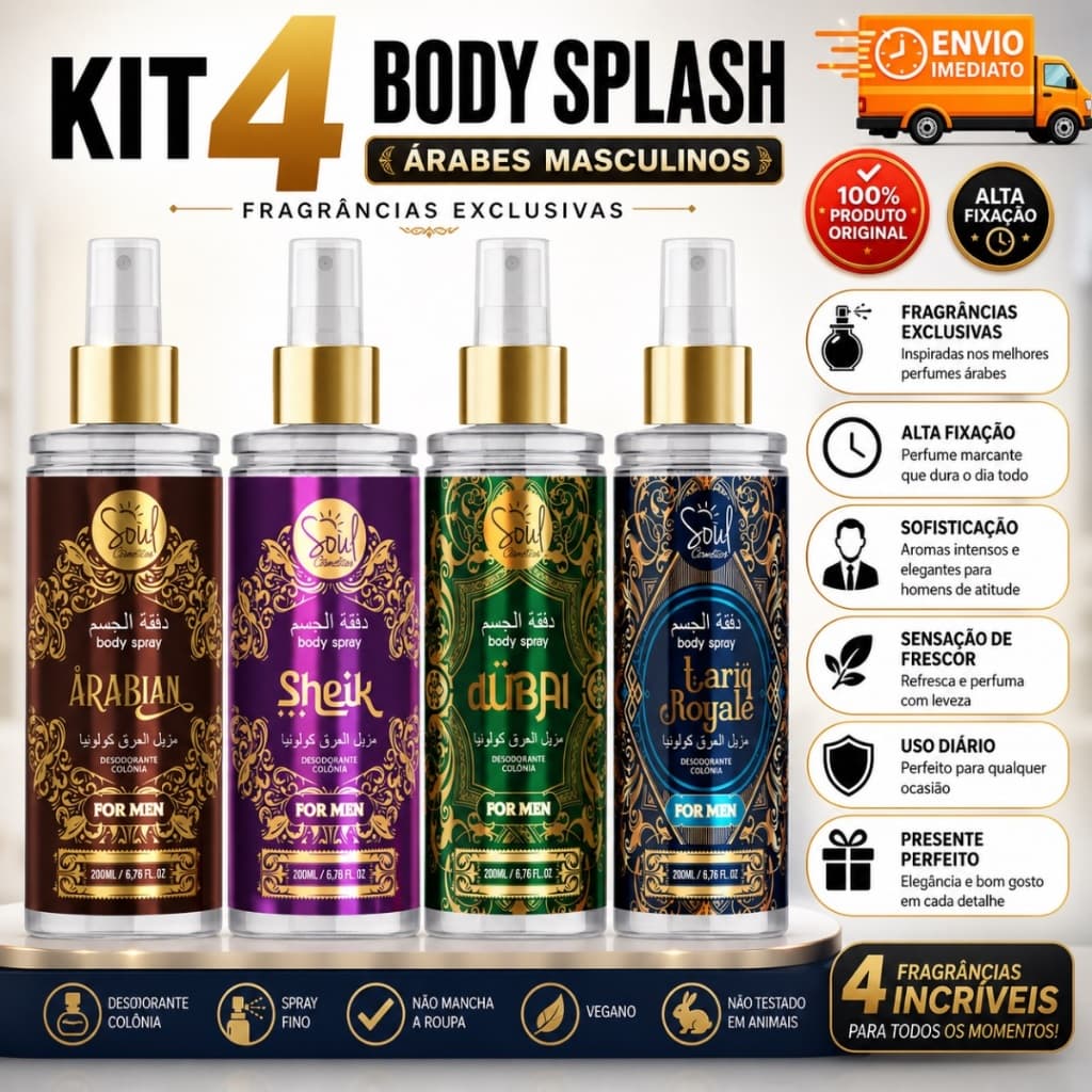 KIT 4 BODY SPLASH  200 ml MASCULINO ARABES ENVIO IMEDIATO TESTADO DERMATOLICAMENTE