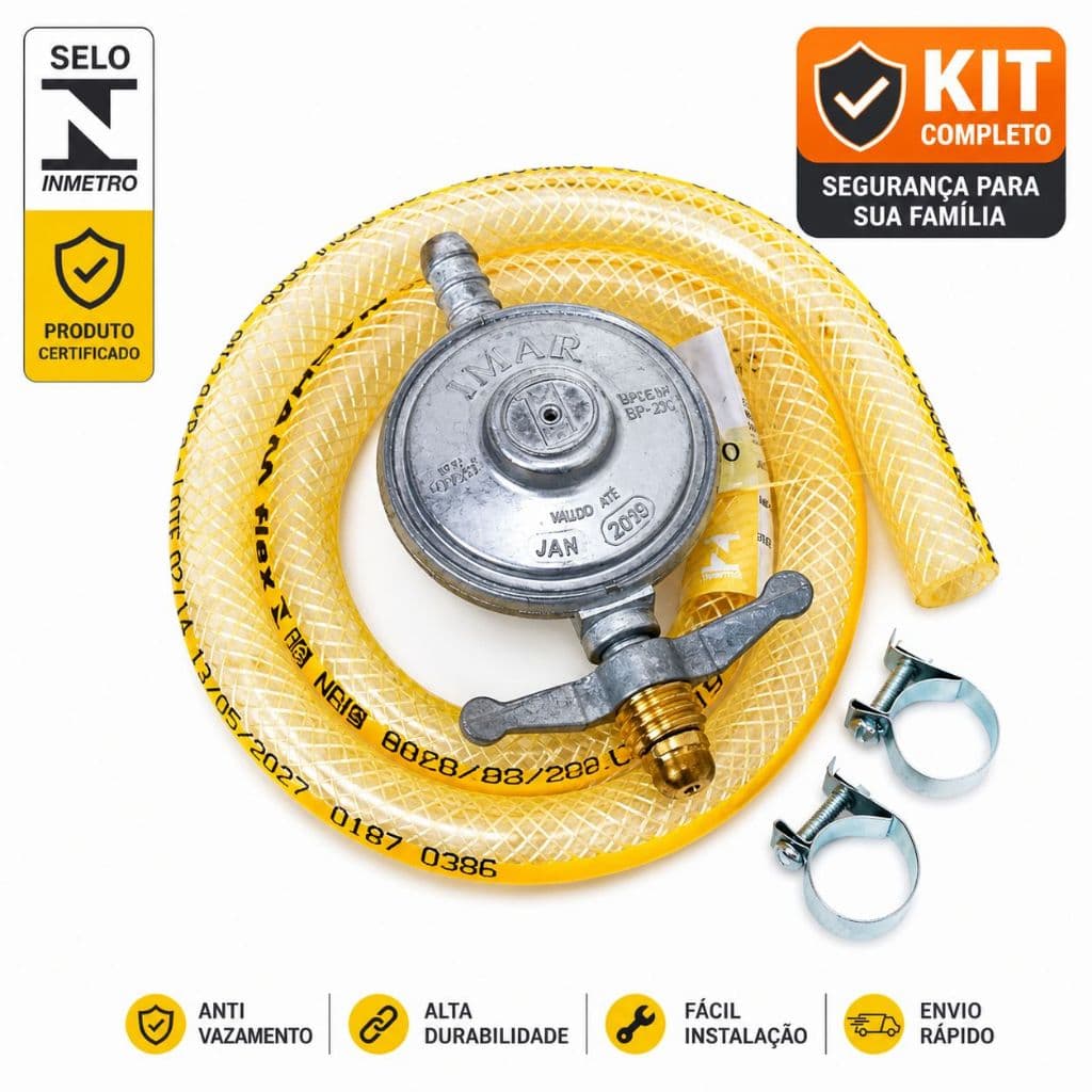Kit Regulador Gás Mangueira Completo Segurança Cozinha Evita Vazamento Instalação Fácil Certificado Inmetro