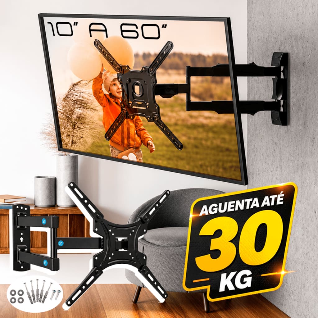 Suporte Triarticulado Universal TV 10" a 60" Monitor Smart 4K Articulado Parede Fácil Instalação