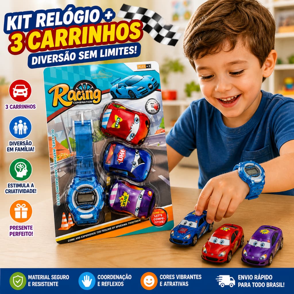 Kit Relógio Infantil com Carrinhos Brinquedo Interativo Menino Presente Criança