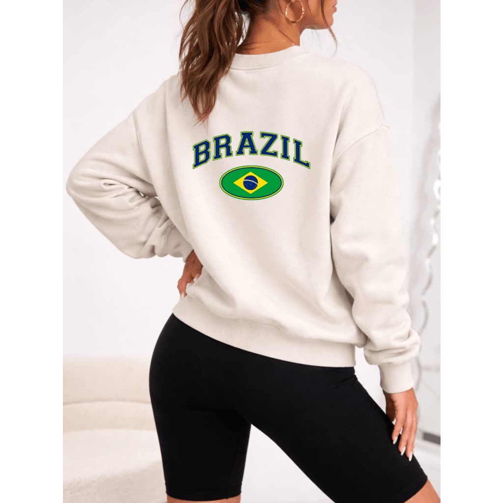 Moletom Careca Feminino Blusa De Frio Brasa Estampado Gola Canelada Inverno Brasil Brasuca Copa Seleção Algodão