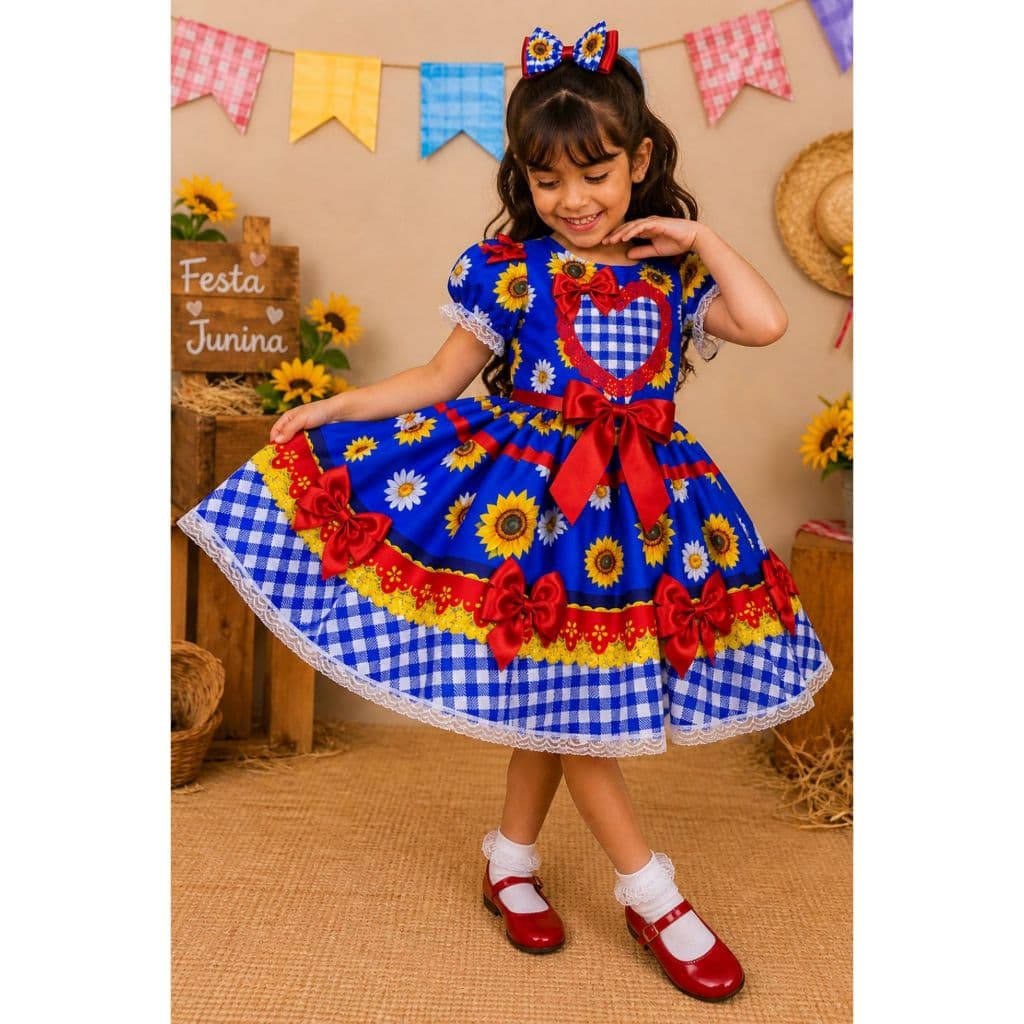 Vestido Junino Infantil Quadrilha São João Xadrez Azul Com Vermelho e Girassol Menina de 4 a 12
