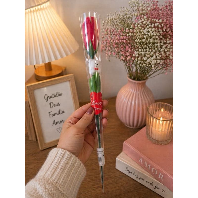 Rosa Artificial com ursinho Com Embalagem - vermelha
