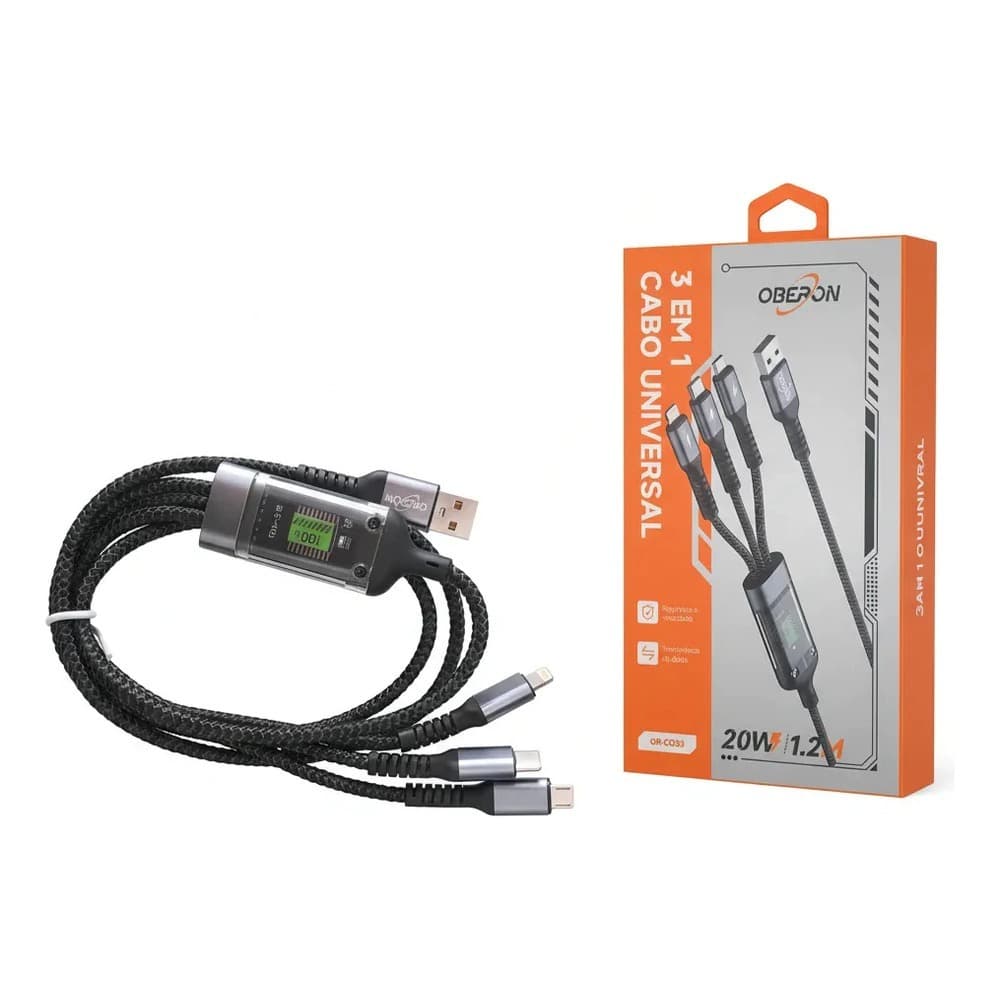 CABO DE CARREGAMENTO 3 EM 1 MULTIPLO USB COM TIPO C MICRO USB E IPHONE 1 METRO REFORÇADO