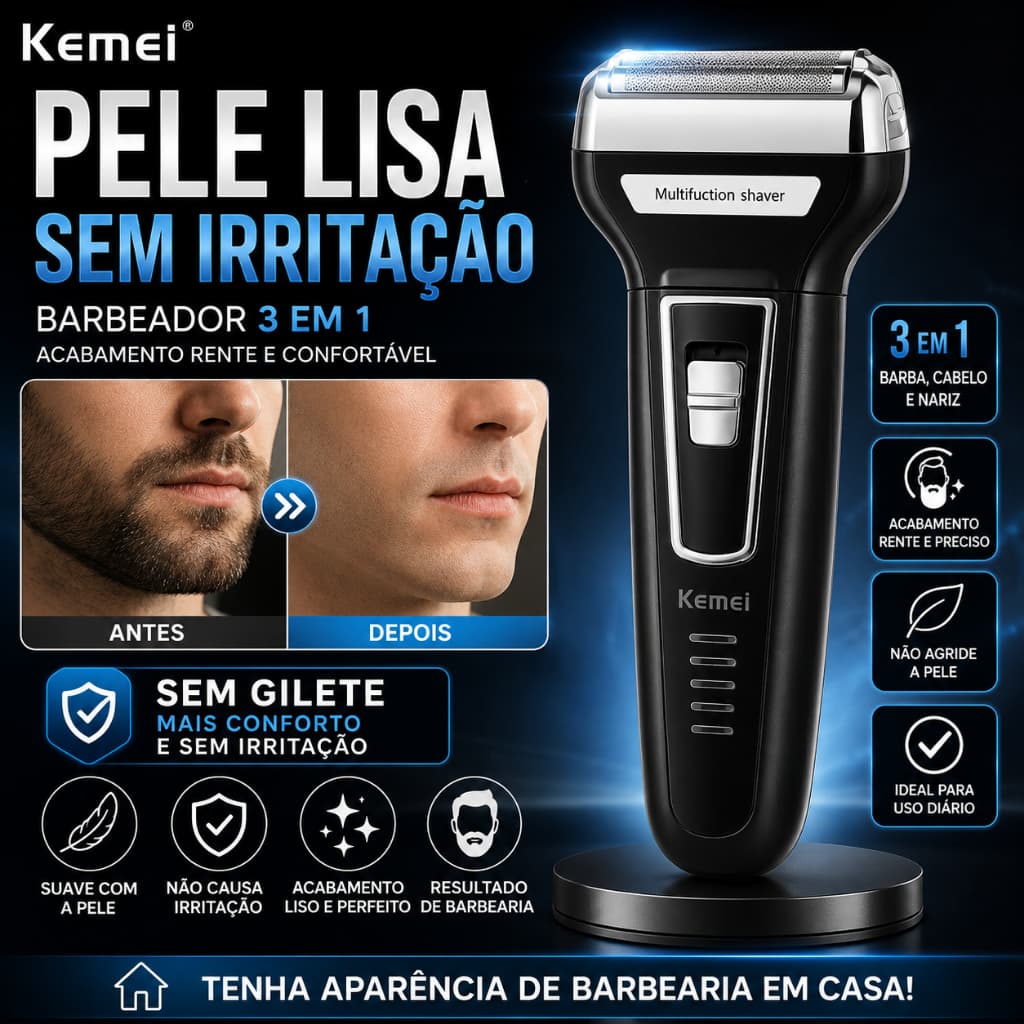 Aparador de Barba 3 em 1 Kemei Recarregável Barbeador Elétrico Cortador de Cabelo Nariz