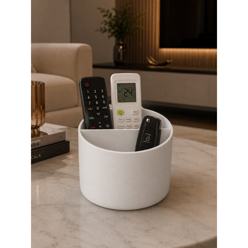 Suporte Controle Remoto Mesa Rack Sofá Organizado Redondo 2 Compartimentos Preto e Branco