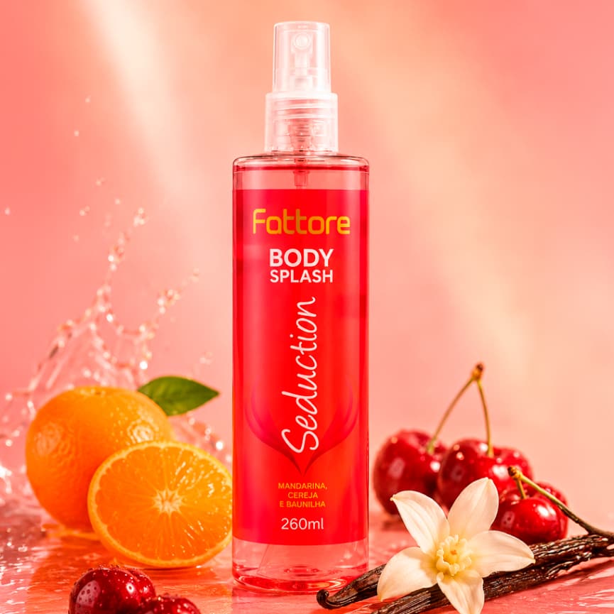 Body Splash Feminino Seduction Cereja, Baunilha e Mandarina - Envolvente e sofisticado 260ml Fattore