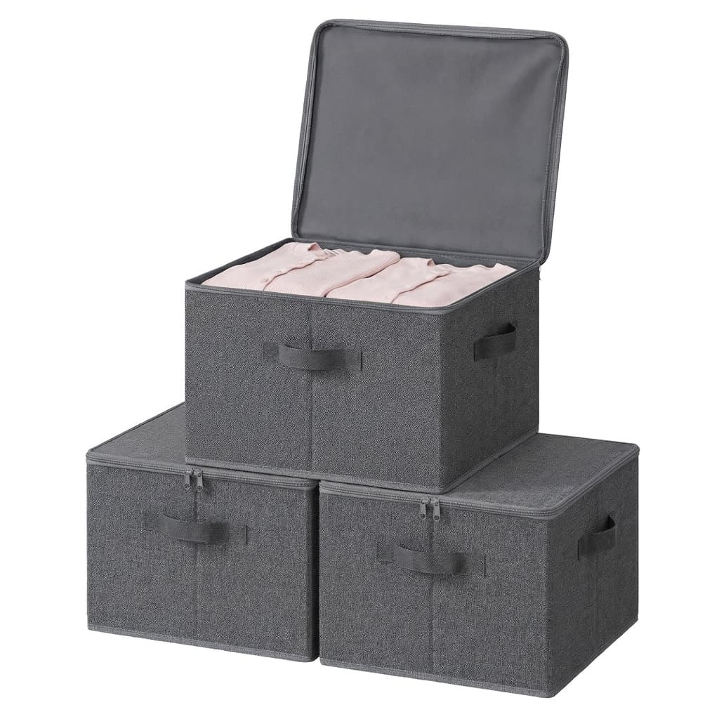 SONGMICS KIT 3 Caixas Organizadoras Dobráveis Multiuso com Tampa, Cestos de Armazenamento para Roupas