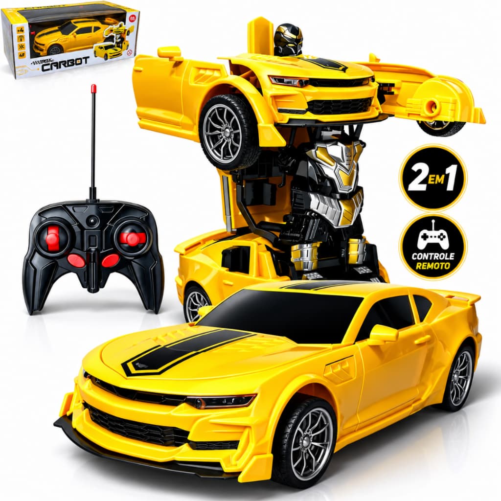 Carrinho Controle Remoto Vira Robô 2 Em 1 Brinquedo Transform Bumblebe Camaro Amarelo Envio Imediato