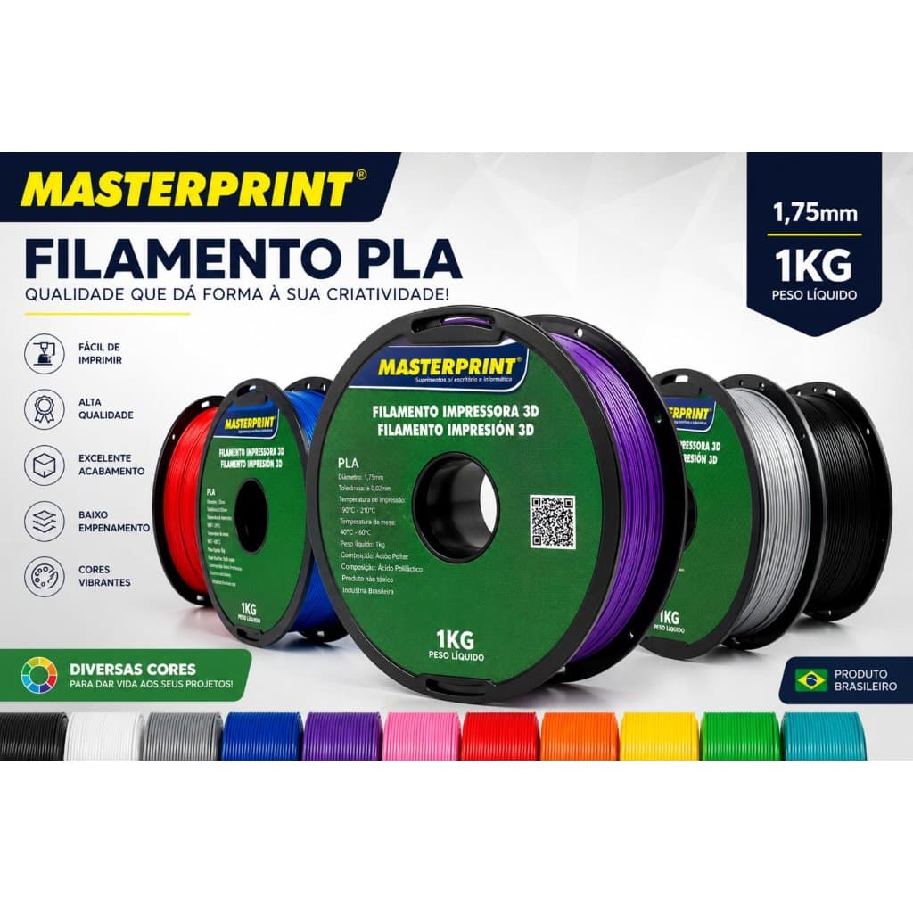 Filamento PLA Masterprint 1,75mm 1KG Diversas Cores Impressora 3D Alta Qualidade