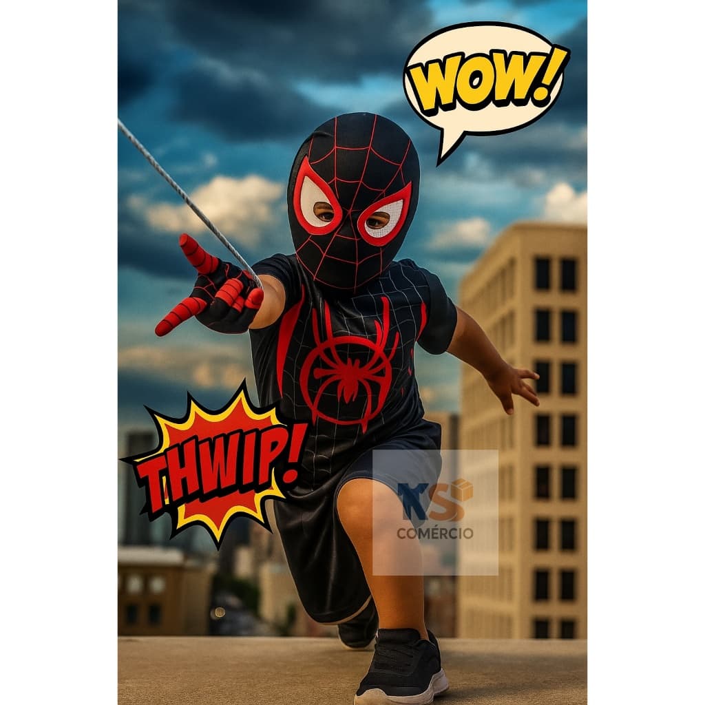 Fantasia Infantil Homem-Aranha Black – Macacão Curto + Máscara EVA (2 a 8 Anos) Pronta Entrega