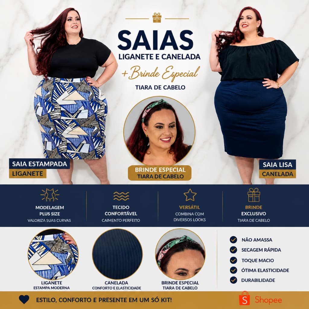 Saia Plus Size Midi Moda Cristã Feminino c/ Elástico na Cintura