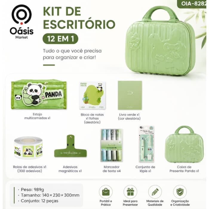 Kit Papelaria Panda 12 Peças | Estojo Escolar Canetas e Acessórios Kawaii