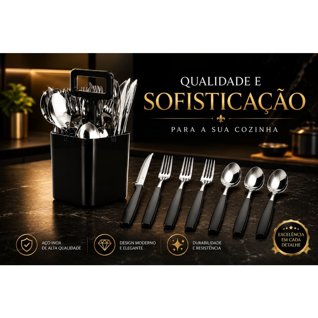 Jogo Talheres 25 Pecas Cozinha Mesa Inox Preto Resistente Moderno Design Faca garfo jantar almoço
