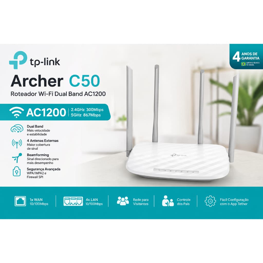 Roteador Tp-link Archer C50 Dual Band 1200mbps 4 Antenas Cor Branco ( Novo )