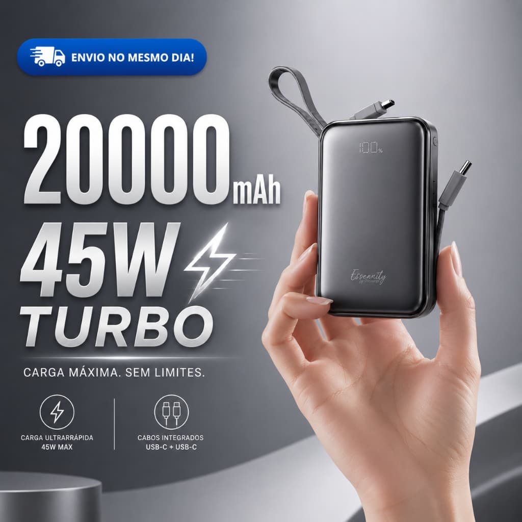 Carregador Portátil 20000mAh Turbo 45W Power Bank Digital com 2 Cabos Tipo-C Saída Dupla para iPhone