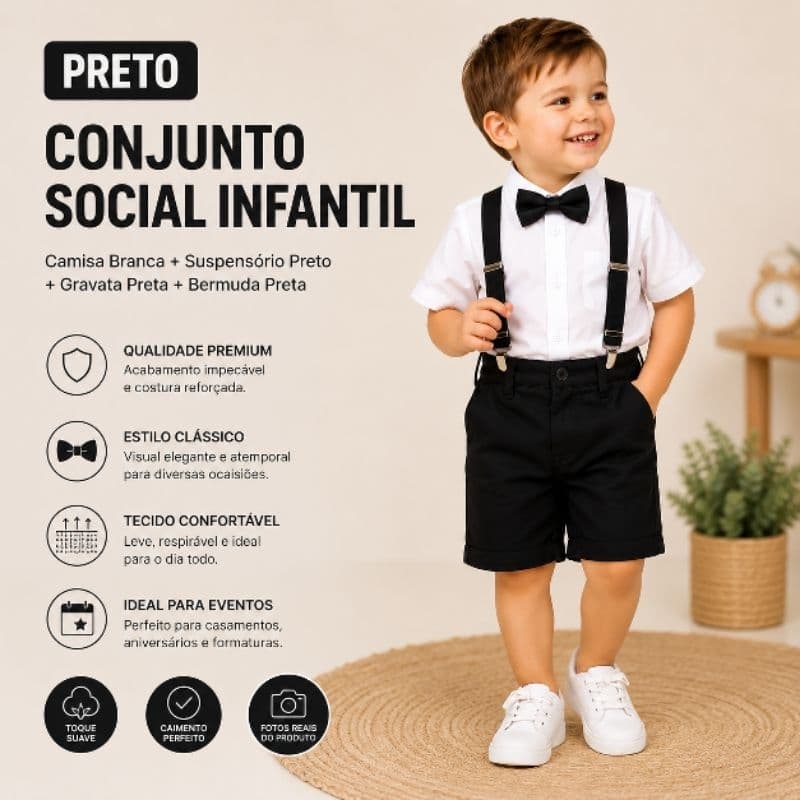 Conjunto Social Infantil Bermuda Preta Suspensório Camisa Manga Curta