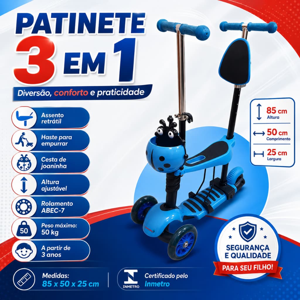 Patinete Infantil 3 Rodas 3 em 1 Importway Azul Com Assento e Empurrador