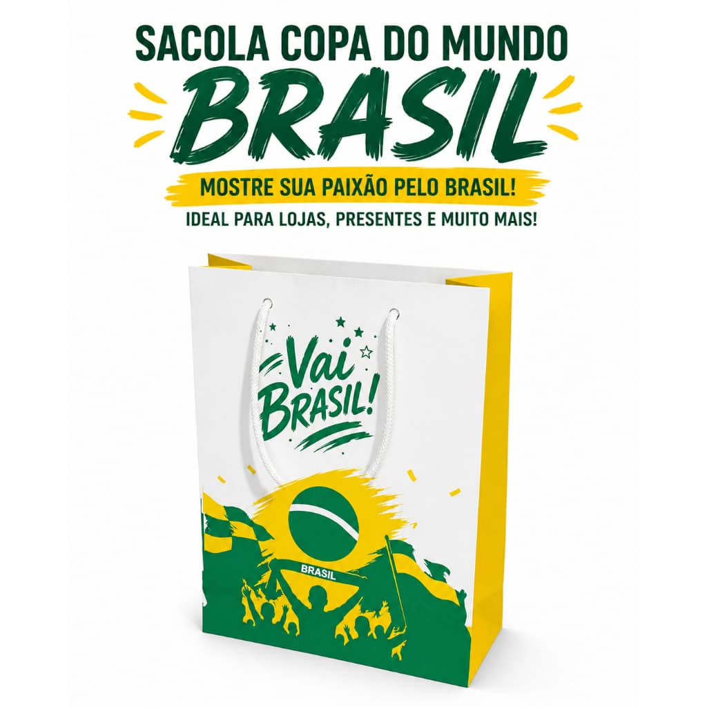 KIT Sacola Personalizada Copa do Mundo Brasil 21x15x7,5cm  Loja, Perfume, Celular, Bijuteria e Presentes
