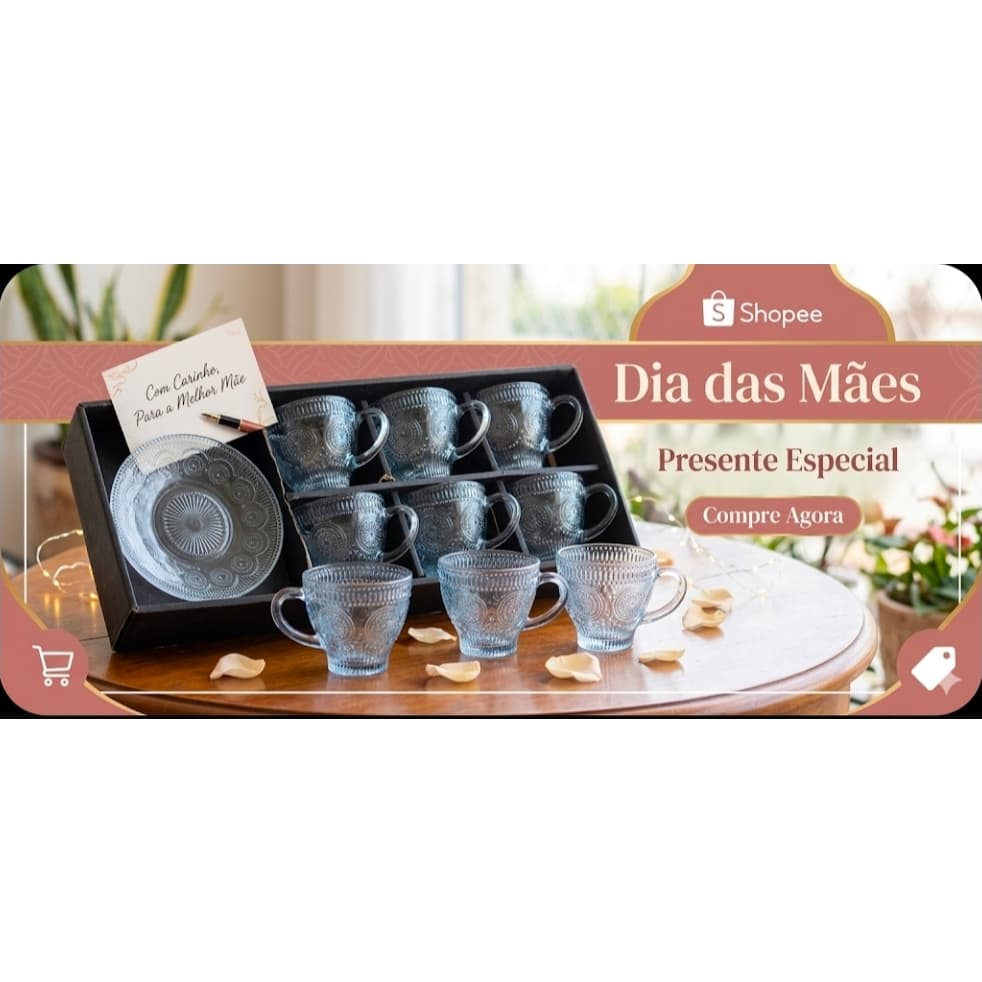 Conjunto Com 06 Xícaras e Pires  Mandala de 200 ml de Vidro Transparente