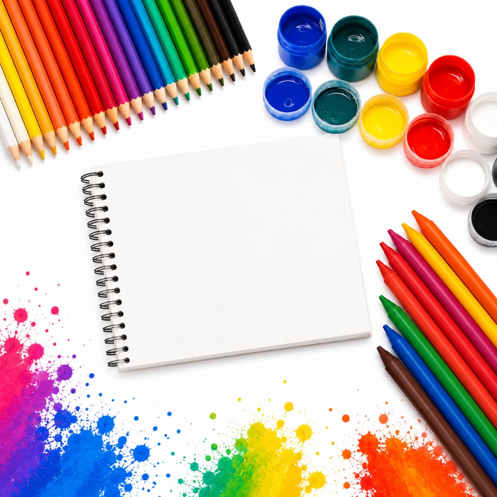 Kit Desenho: 1 Caderno de Desenho + 12 Giz de Cera + 6 Tinta Guache + 24 Lápis de Cor