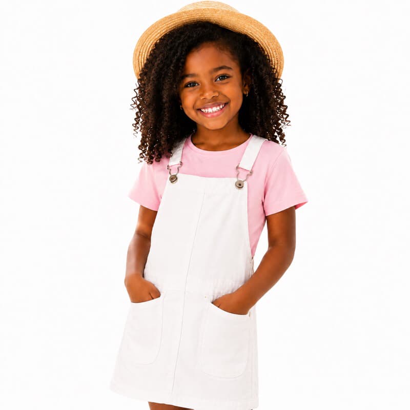 Vestido salopete bolso cargo branca pra meninas de 3 a 9 anos com regulagem