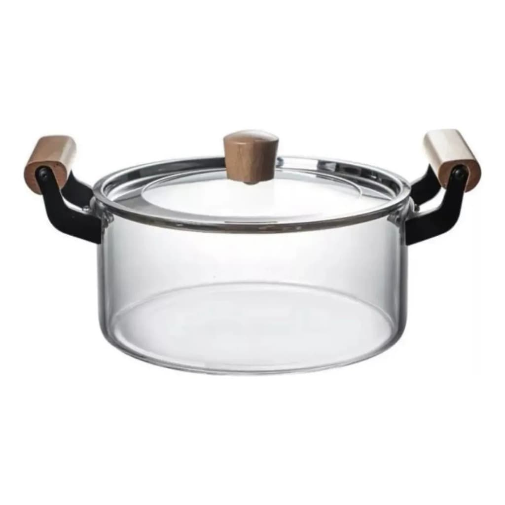 Caçarola de Vidro Borossilicato 4L Alça Madeira Tampa Larga Refogado Sopa Fogão Gas Saudável