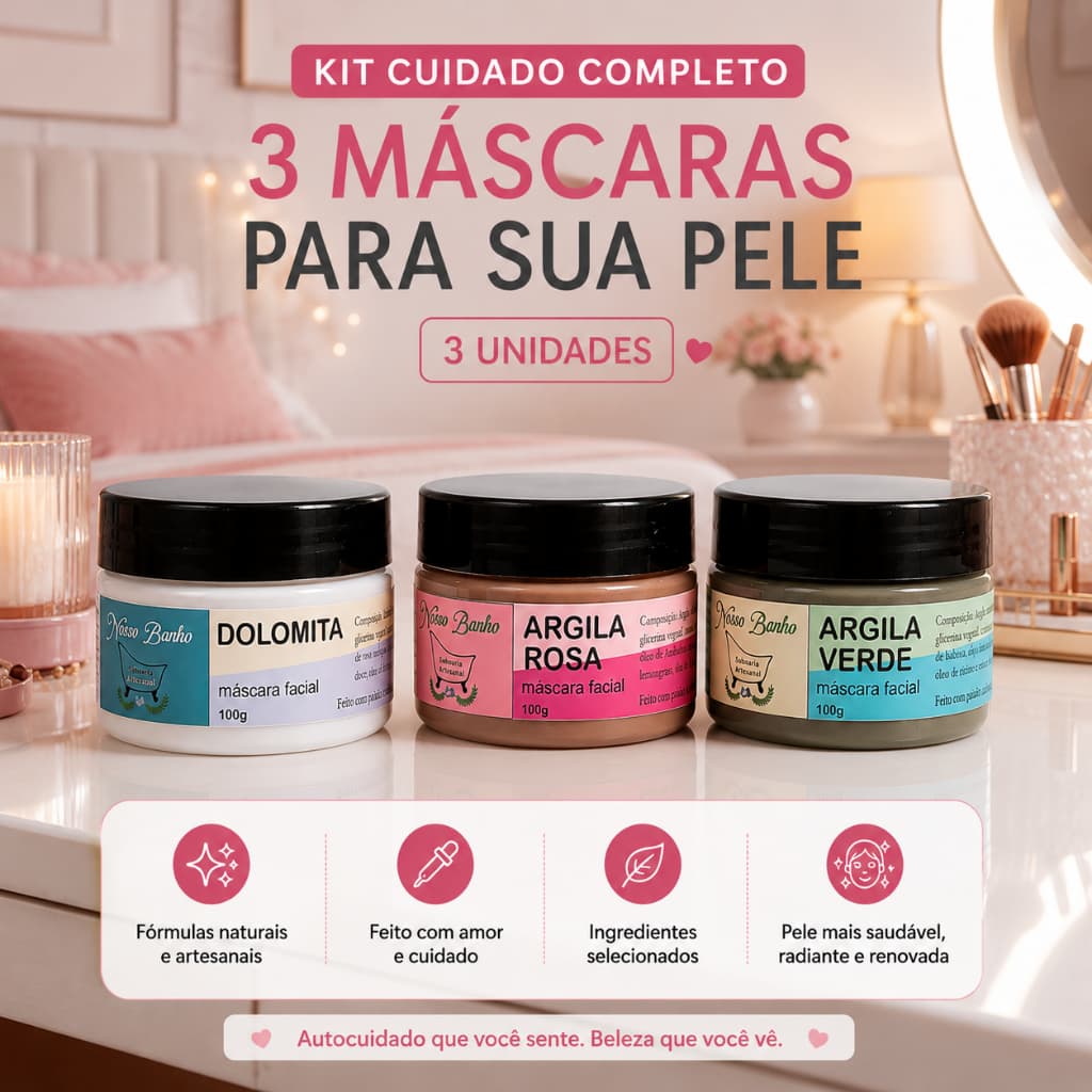 Kit Máscaras Faciais Argila Verde Argila Rosa e Dolomita Veganas Diversas Funcionalidades