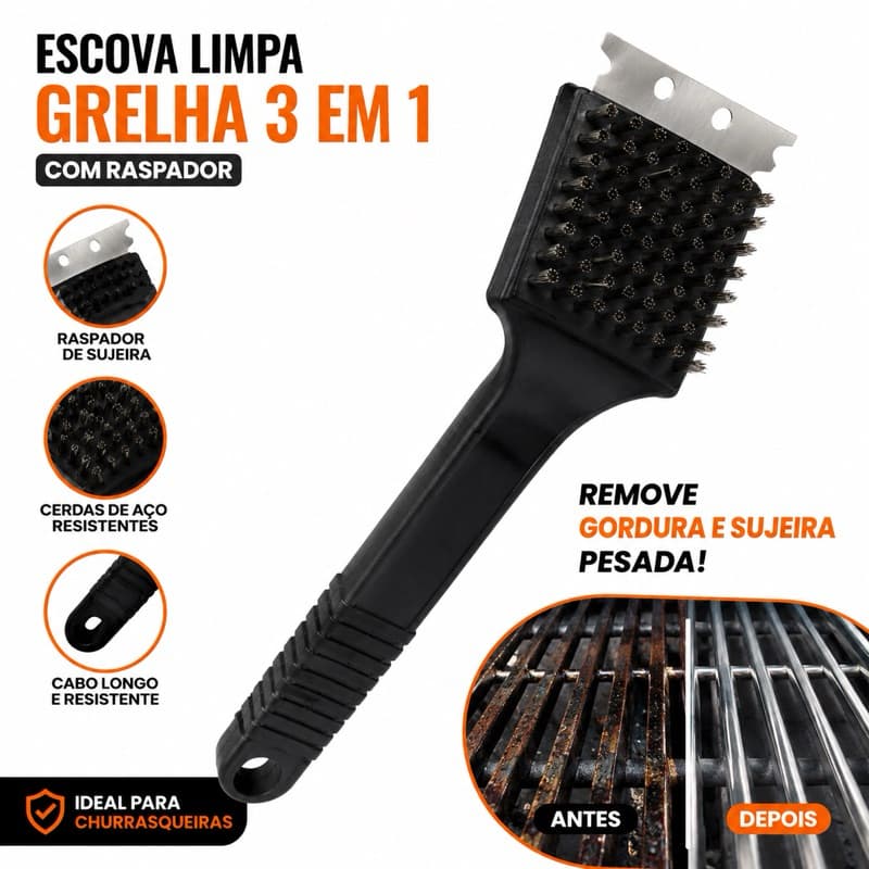 Escova Limpa Grelha 3 Em 1 Com Raspador Escova Aço Para Churrasqueira